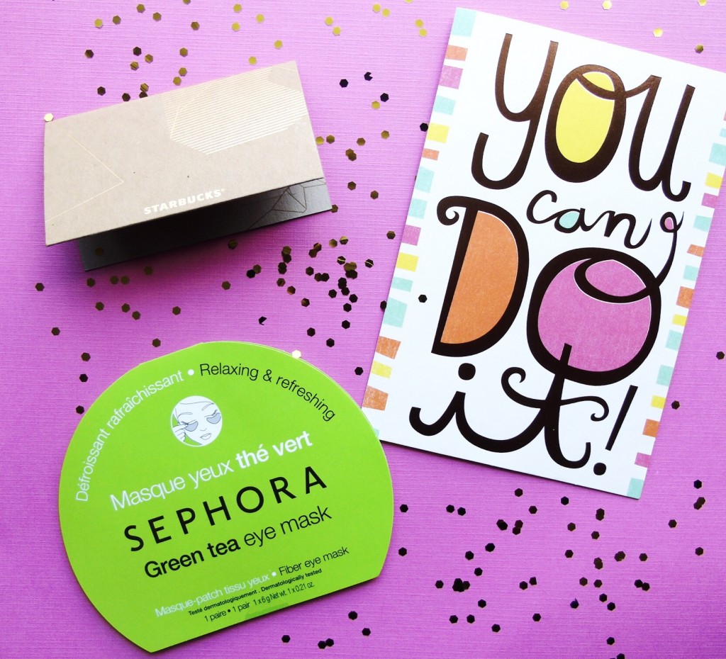 Working mom care package with "you can do it" greeting card, Starbucks gift card, Sephora eye mask. All on pink background with glitter.