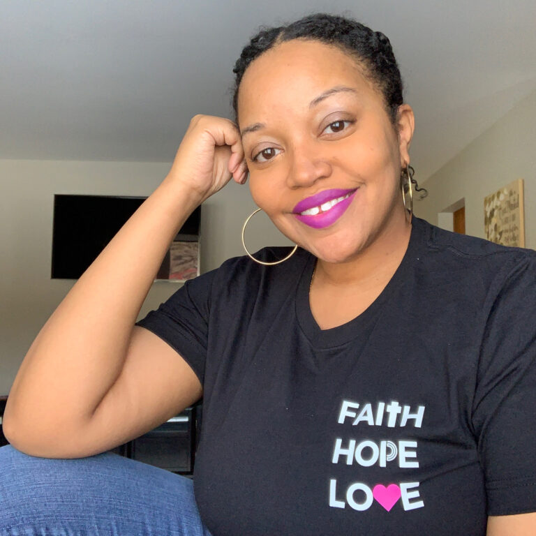 kb wearing faith hope love t-shirt from love Maaden shop. one of my February favorite products