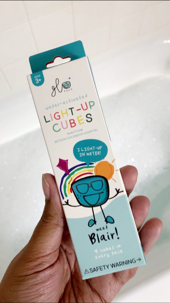 Glo Pals light up cubes product box with bath water in background