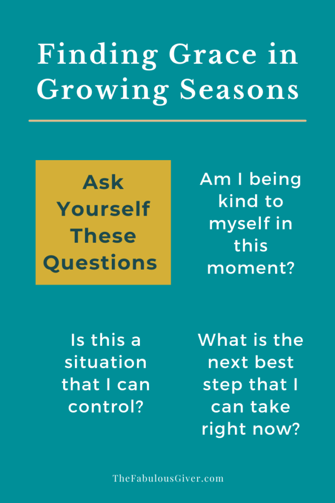 Text graphic. Headline says finding grace in growing seasons. Three questions to ask yourself. Am I being kind to myself in this moment? Is this a situation that I can control? What is the next best step that I can take right now? Questions for how to give myself grace.