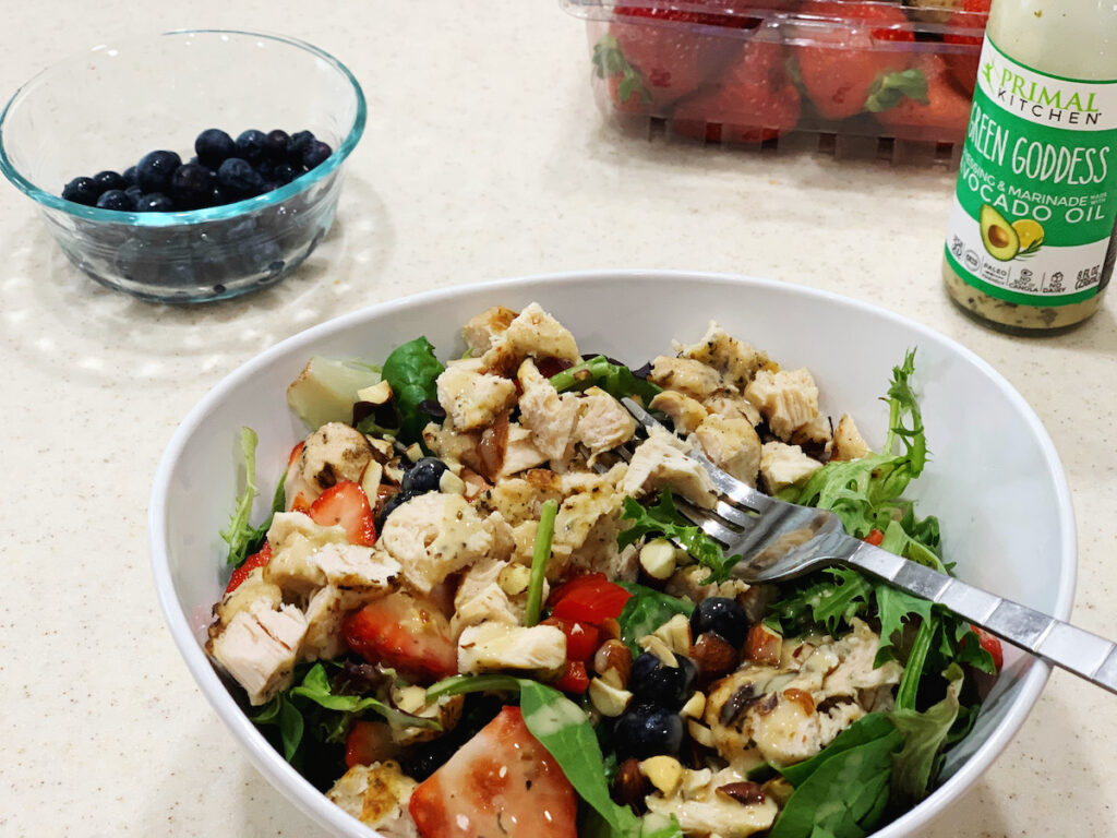 Green Goddess chicken and berry salad. Whole 30 compliant salad dressing.