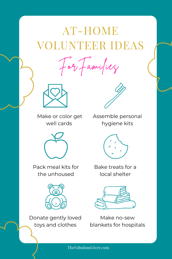 Graphic with six at-home volunteer ideas for families. 