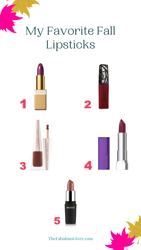 Graphic collage of my five favorite fall lipstick colors