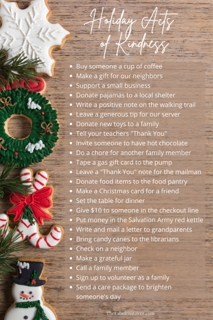 Graphic with list of 24 Christmas acts of kindness for families