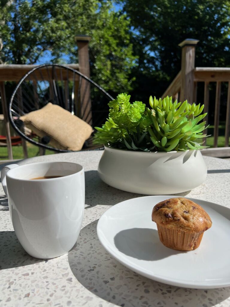 white outdoor patio table with a succulent, a cup of coffee and a white plate with a muffin